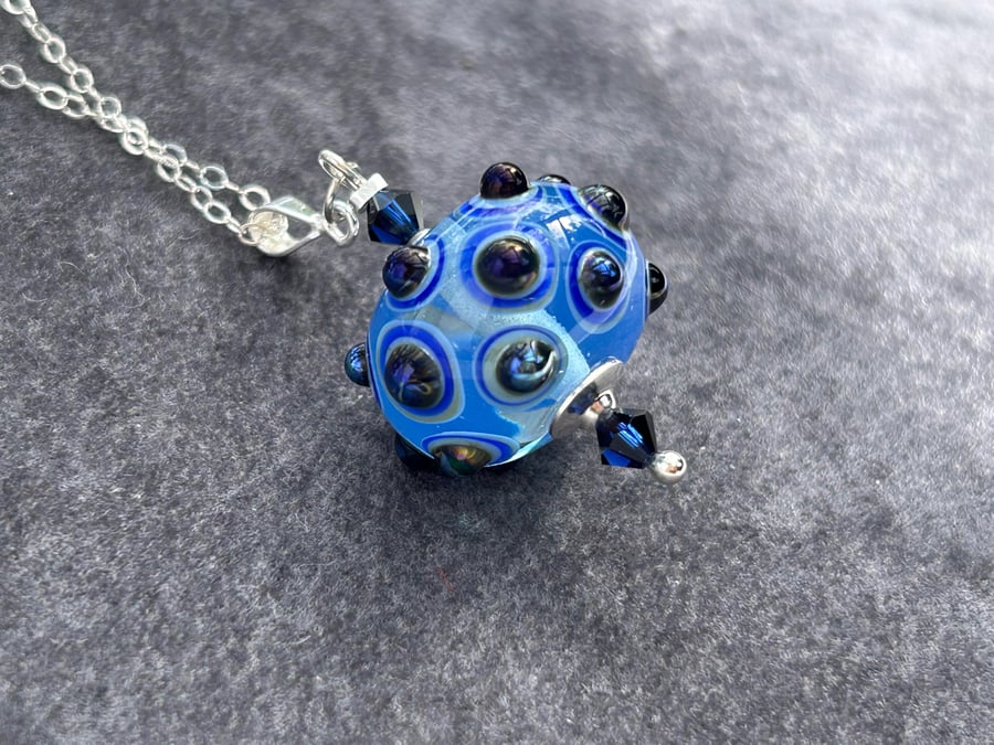 blue metallic bumpy handmade lampwork glass pendant necklace