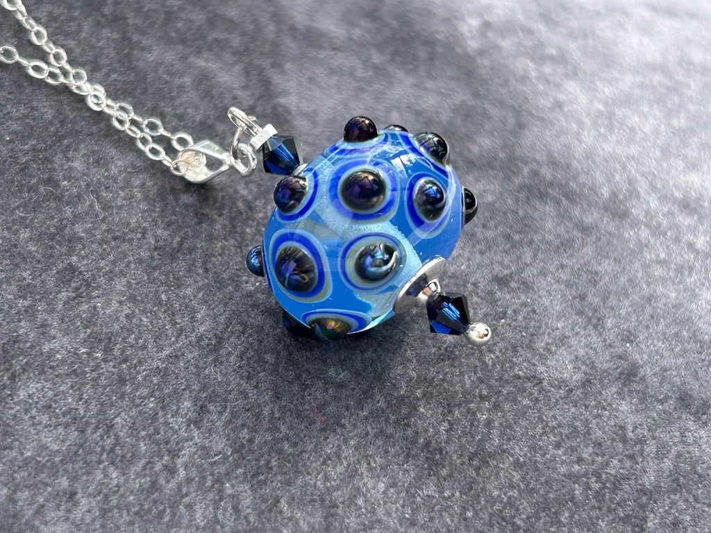 blue metallic bumpy handmade lampwork glass pendant necklace