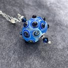 blue metallic bumpy handmade lampwork glass pendant necklace