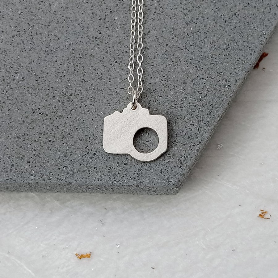 Recycled sterling silver camera necklace – gift for a photographer