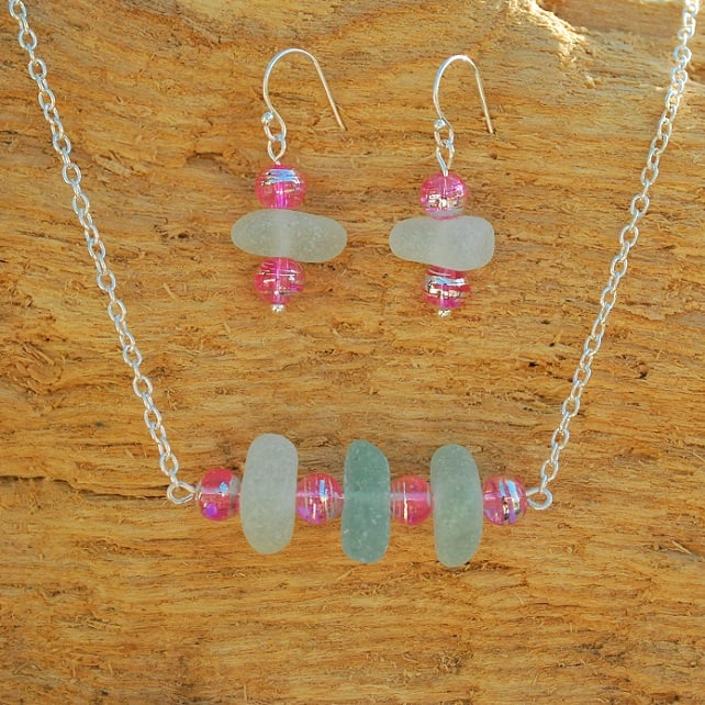 Sea glass pendant and earrings set