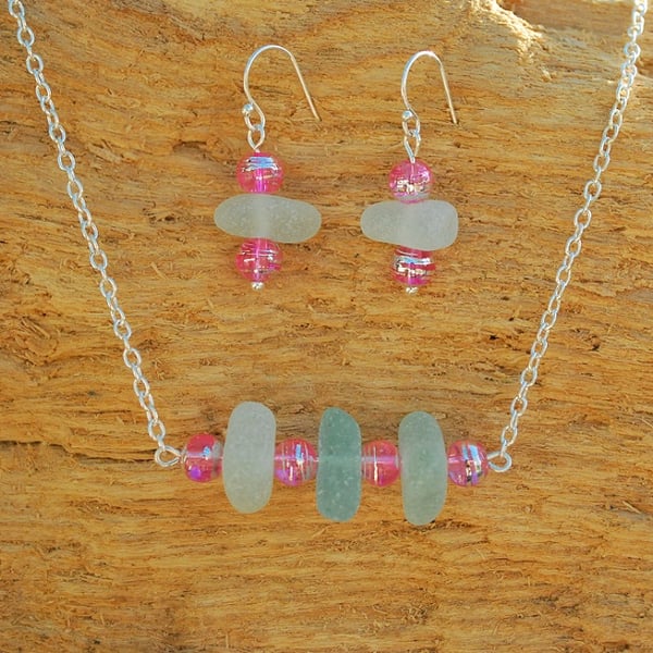Sea glass pendant and earrings set