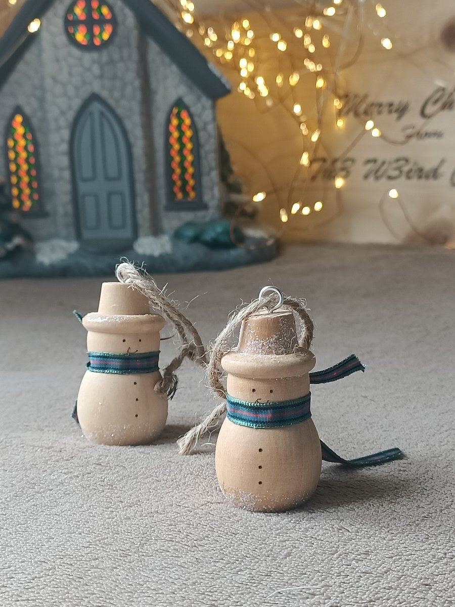 Tartan wooden woodturned snowman christmas tree decoration