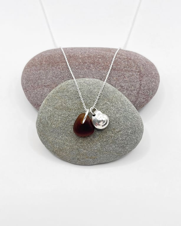 Cornish Sea Glass and Silver Coated Button Top Seashell Necklace - Burnt Orange