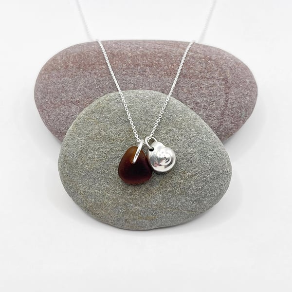 Cornish Sea Glass and Silver Coated Button Top Seashell Necklace - Burnt Orange