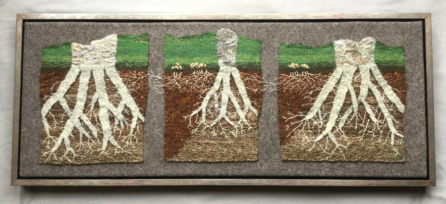 Framed handwoven tapestry weaving, textile art, tree roots, in wool