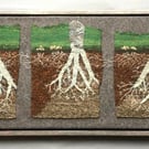 Framed handwoven tapestry weaving, textile art, tree roots, in wool