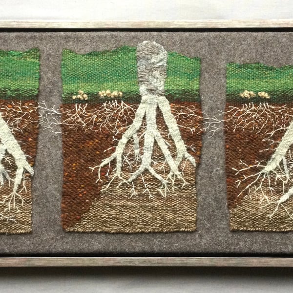 Framed handwoven tapestry weaving, textile art, tree roots, in wool