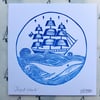 'Ship & Whale' Nautical Lino Print Card 