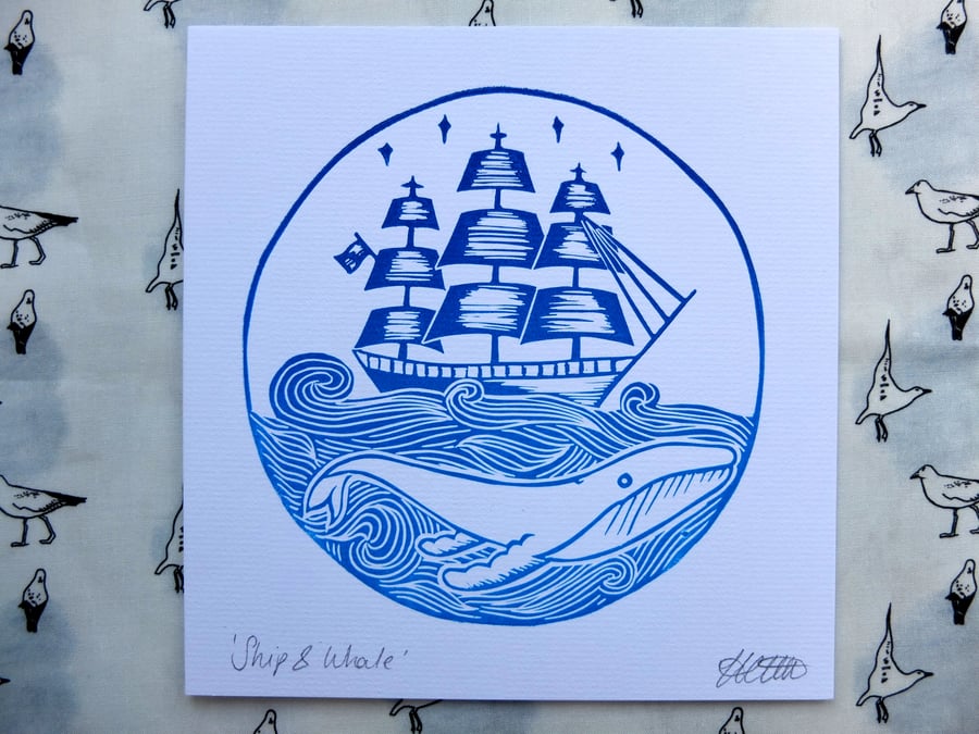 'Ship & Whale' Nautical Lino Print Card 