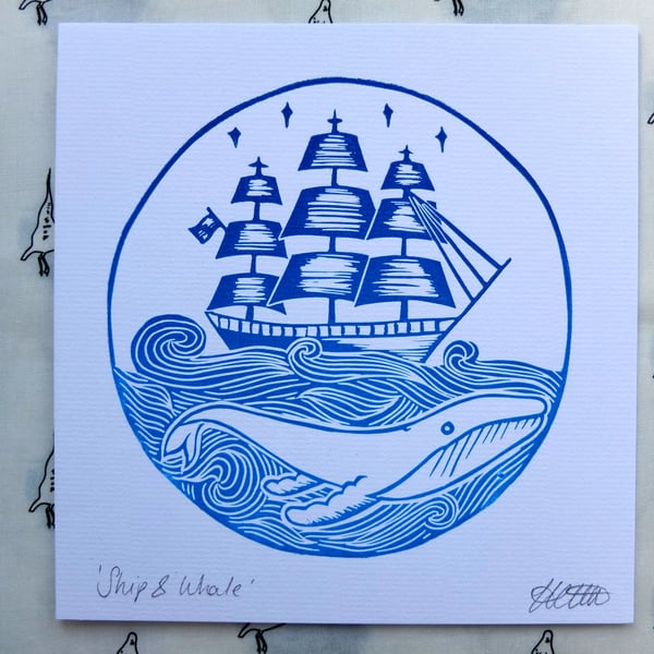 'Ship & Whale' Nautical Lino Print Card 