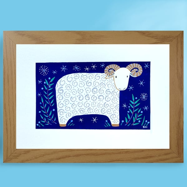 Ram folk art painting Framed sheep painting Aires Farmhouse decor