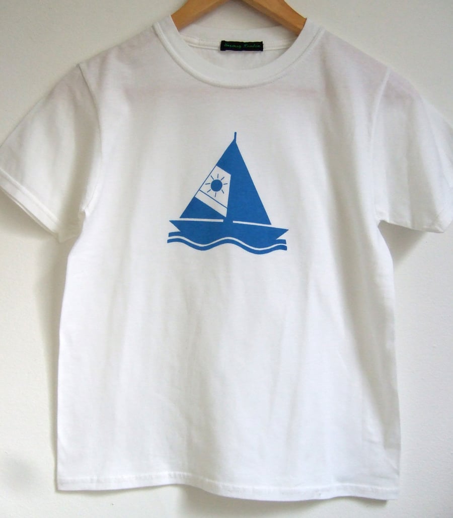 SALE boat childrens white cotton printed  T shirt