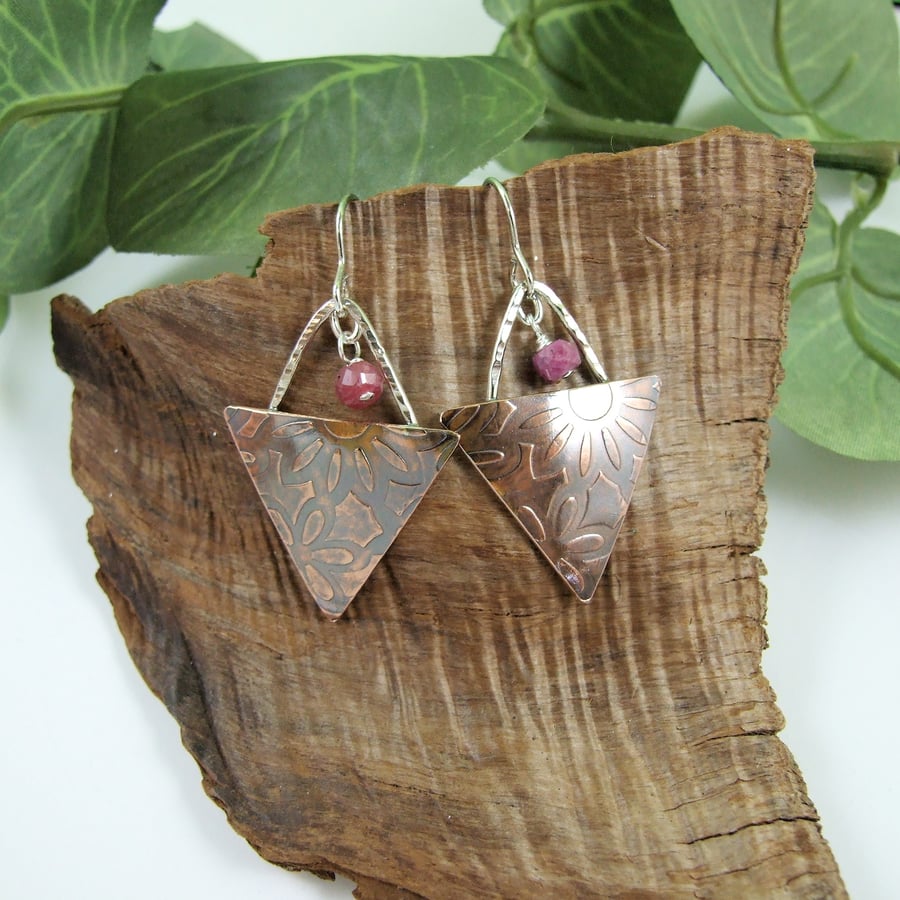 Earrings, Sterling Silver, Copper and Ruby Triangle Droppers