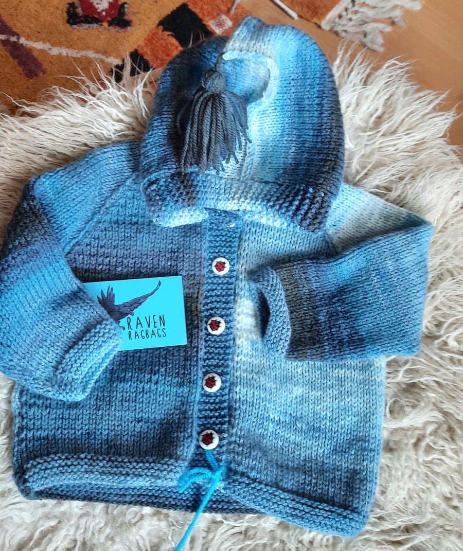 Misty blue hand knitted baby hoody for 9 to 12 months 