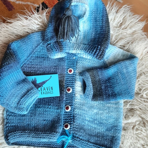 Misty blue hand knitted baby hoody for 9 to 12 months 