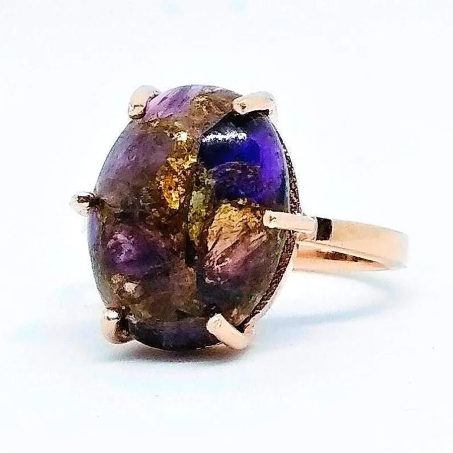 Large Amethyst Rose Gold Plated Silver Ring Size P-Q With Copper Inclusions