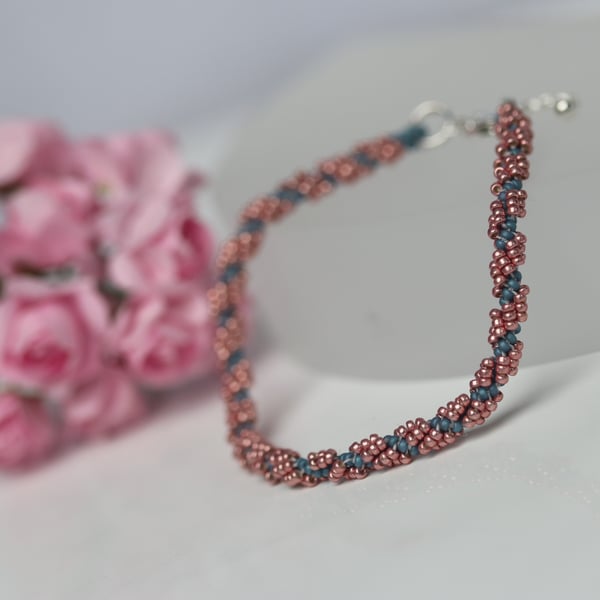 Spiral Weave Bracelet in Pink and Blue-Grey
