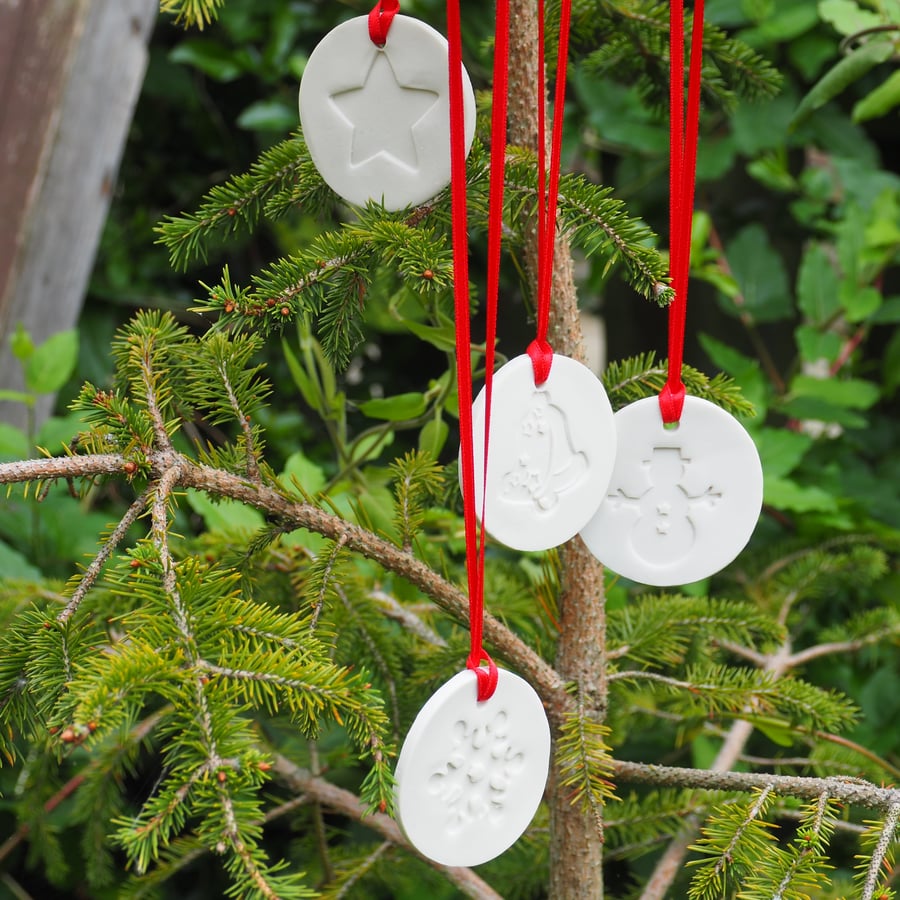 4 Porcelain hanging tree decorations - Star, Bell, Snowflake, Snowman