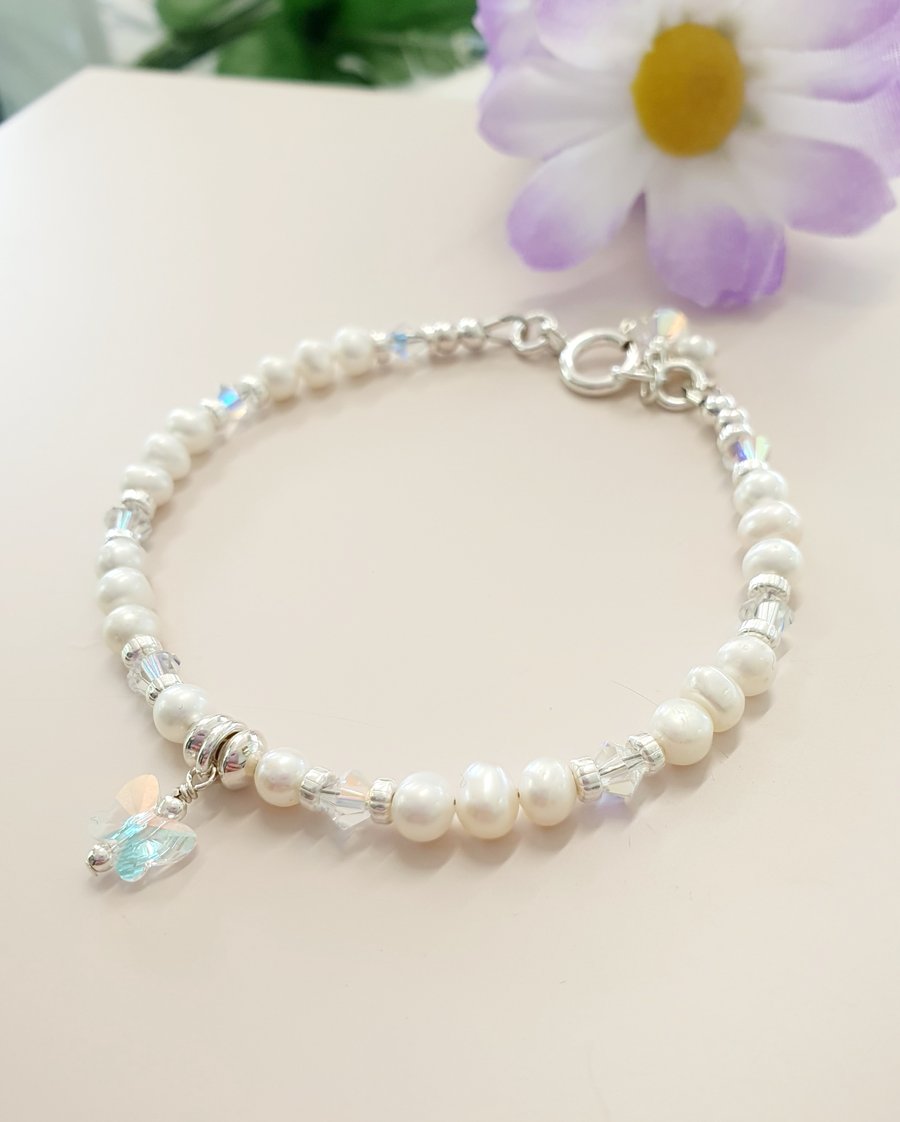 Freshwater Pearl Butterfly Bracelet in Sterling Silver 