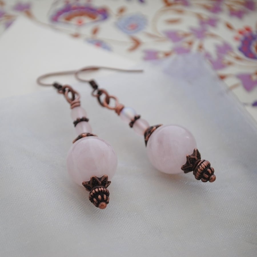 Rose quartz  & copper earrings