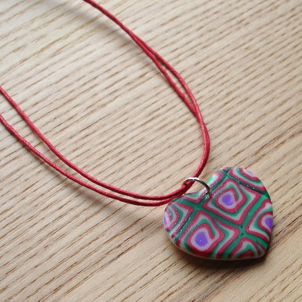 Red and Green Shimmer Heart FIMO Polymer Clay Pendant