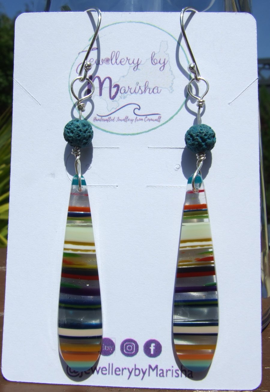 Surfite Surfboard Resin Sterling Silver Wire-Wrapped Earrings with Lava Beads