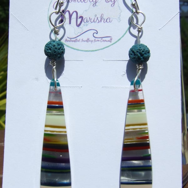 Surfite Surfboard Resin Sterling Silver Wire-Wrapped Earrings with Lava Beads