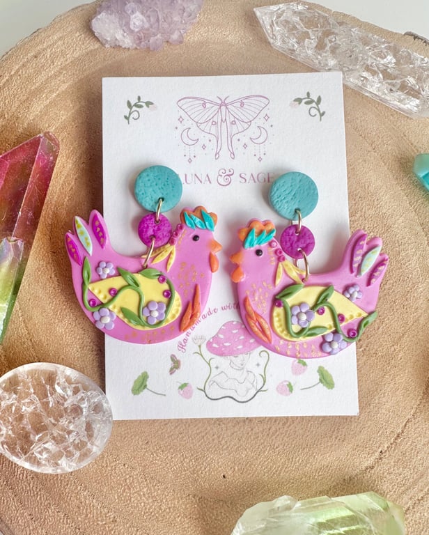 Funky Rainbow Chicken Polymer Clay earrings