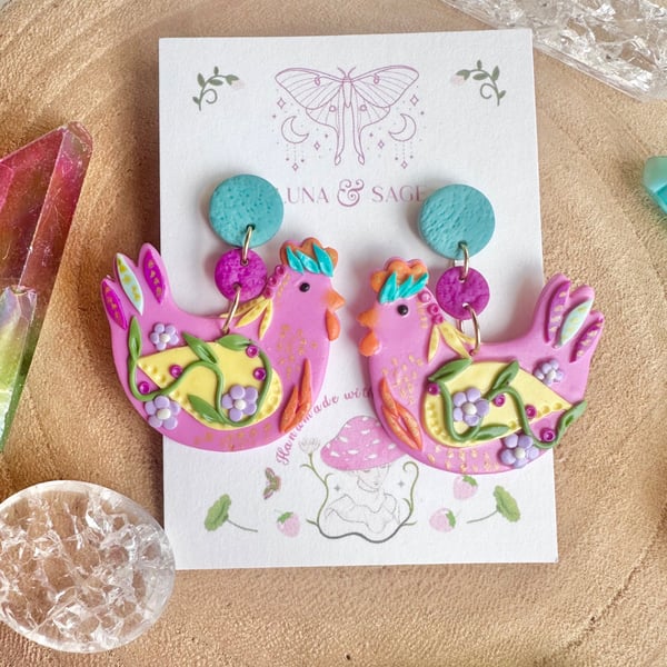 Funky Rainbow Chicken Polymer Clay earrings