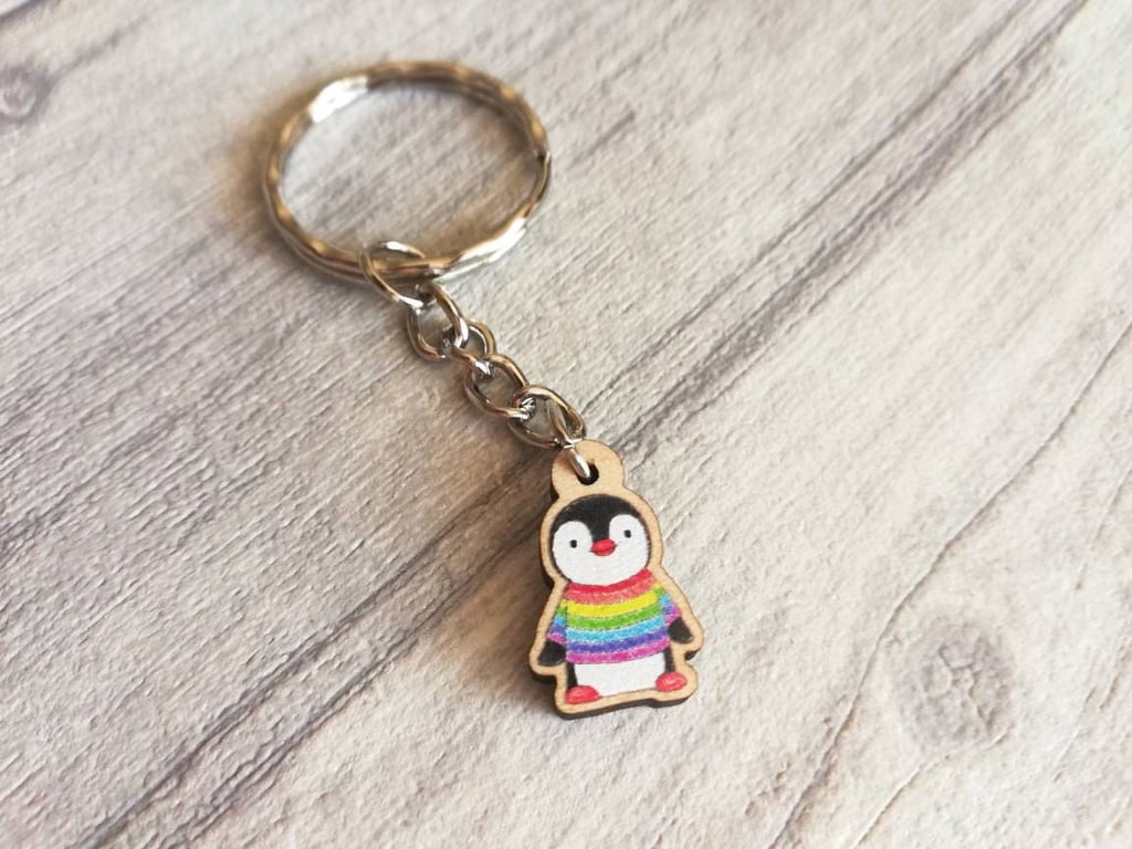 Little Rainbow Jumper Wooden Penguin Keyring