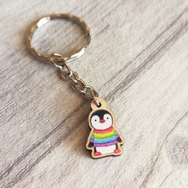 Little Rainbow Jumper Wooden Penguin Keyring
