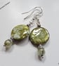 Designer Prehnite & Printed Shell Earrings Silver Plated - Image 2