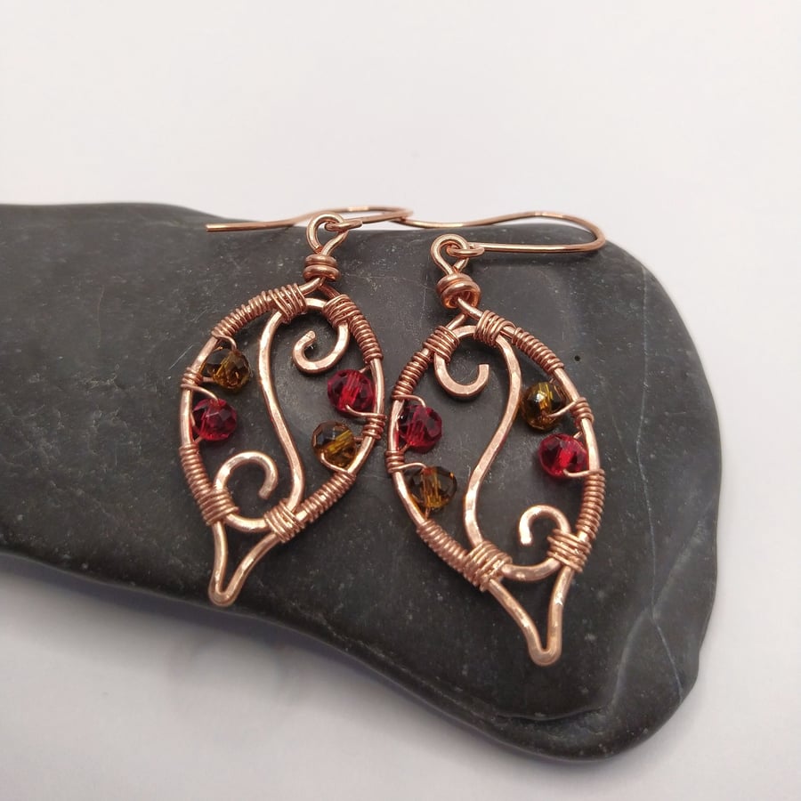 Leaf Shaped Wire Wrapped Copper Drop Earrings with Red and Brown Glass Beads