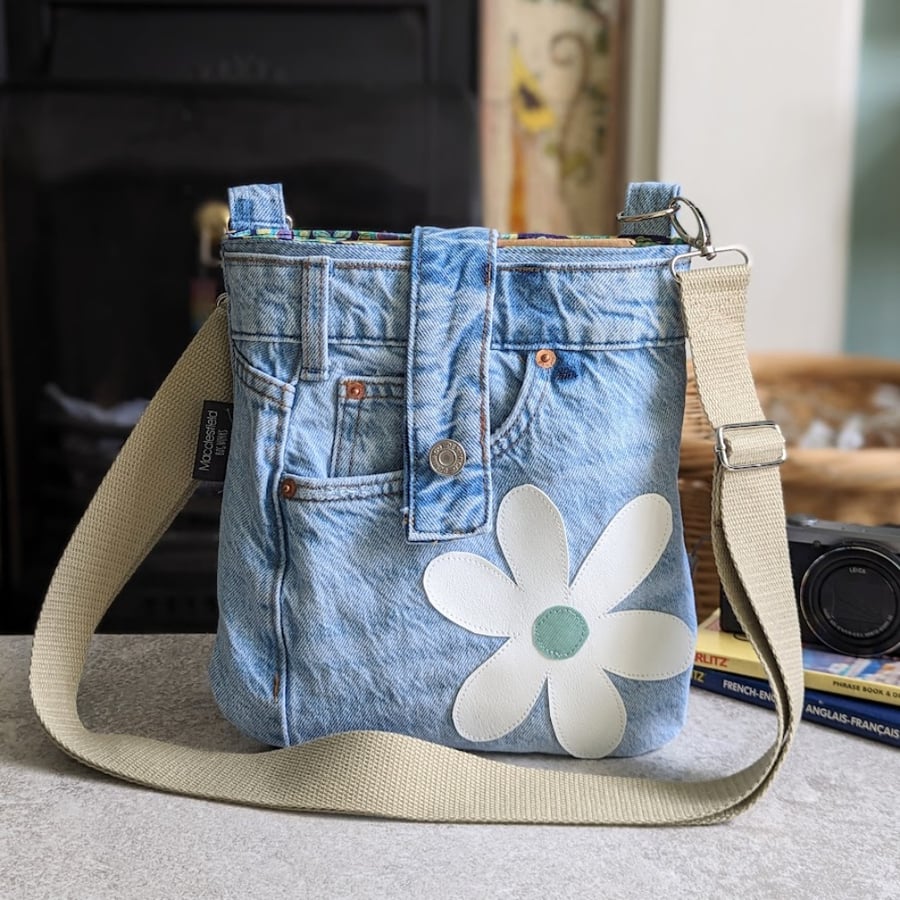 Denim Bag Upcycled Pale Wash Denim and Daisy Mini Cross Body Bag (P&P included)