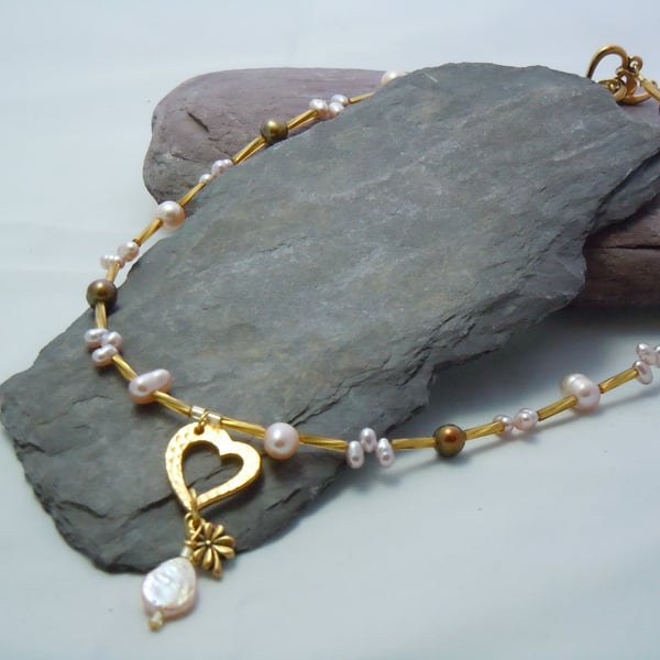 Freshwater pearls, mother of pearl & gold plate heart necklace pendant