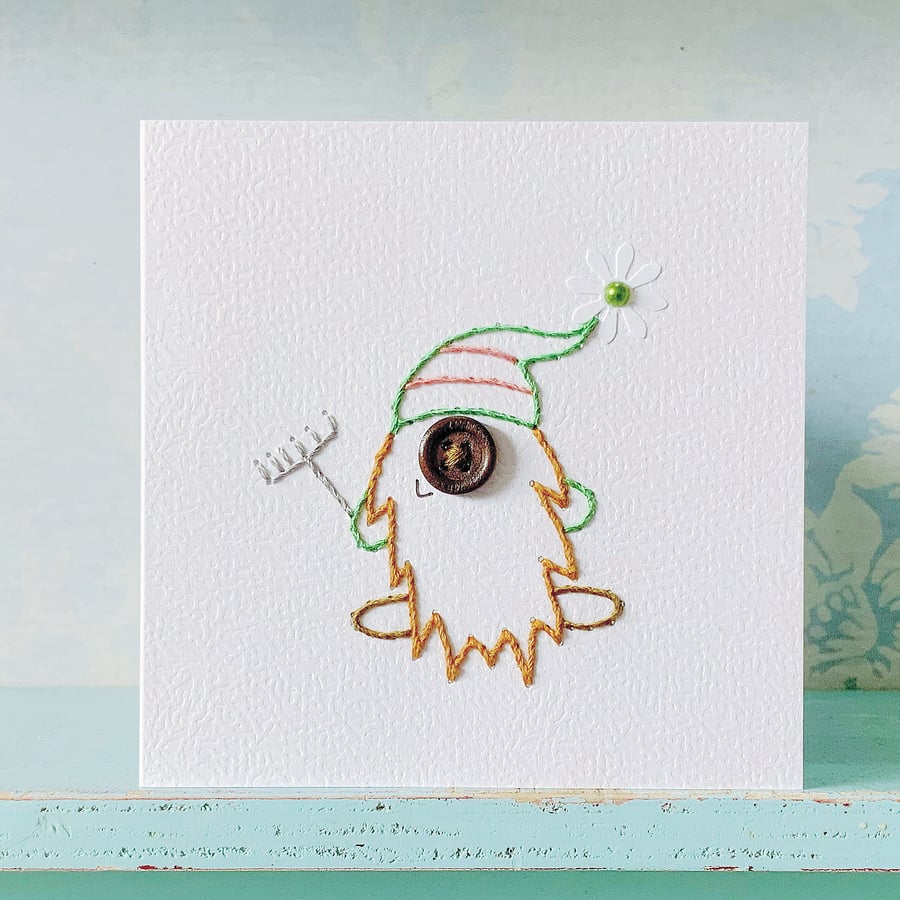 Hand Stitched Card. Gnome Card. Scandinavian Design. Gnomes.