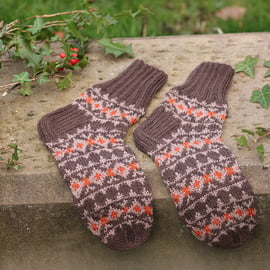 Hand knit men's socks, sheep wool, handmade brown with orange autumn winter 