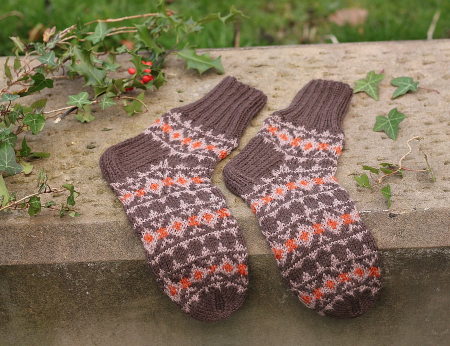 Hand knit men's socks, sheep wool, handmade brown with orange autumn winter 