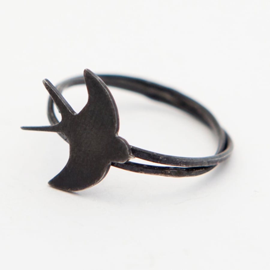Flying Swallow Ring Oxidised Silver