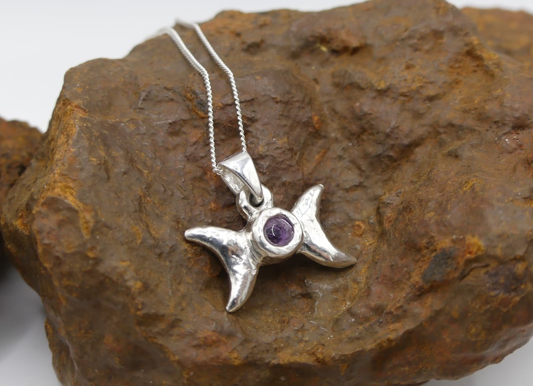 Recycled Sterling Silver Triple Moon with African Amethyst Pendant Necklace.