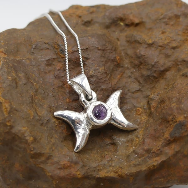 Recycled Sterling Silver Triple Moon with African Amethyst Pendant Necklace.