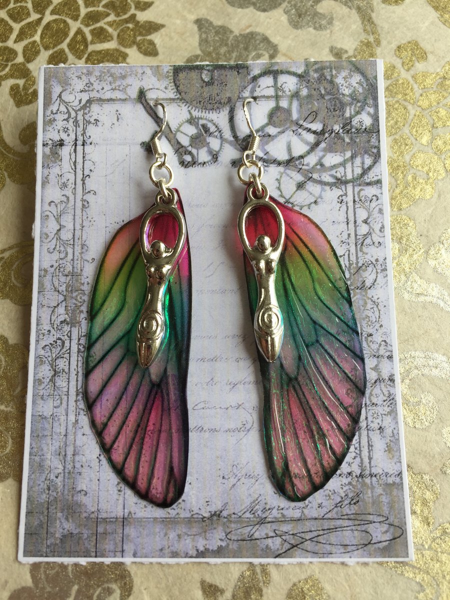 Large Pink and Green Goddess Fairy Wing Sterling Silver Earrings