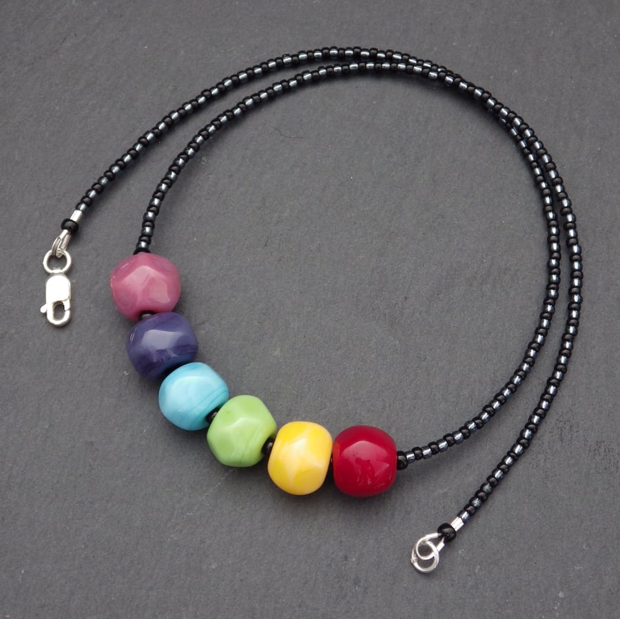 Rainbow handmade lampwork glass nugget bead necklace