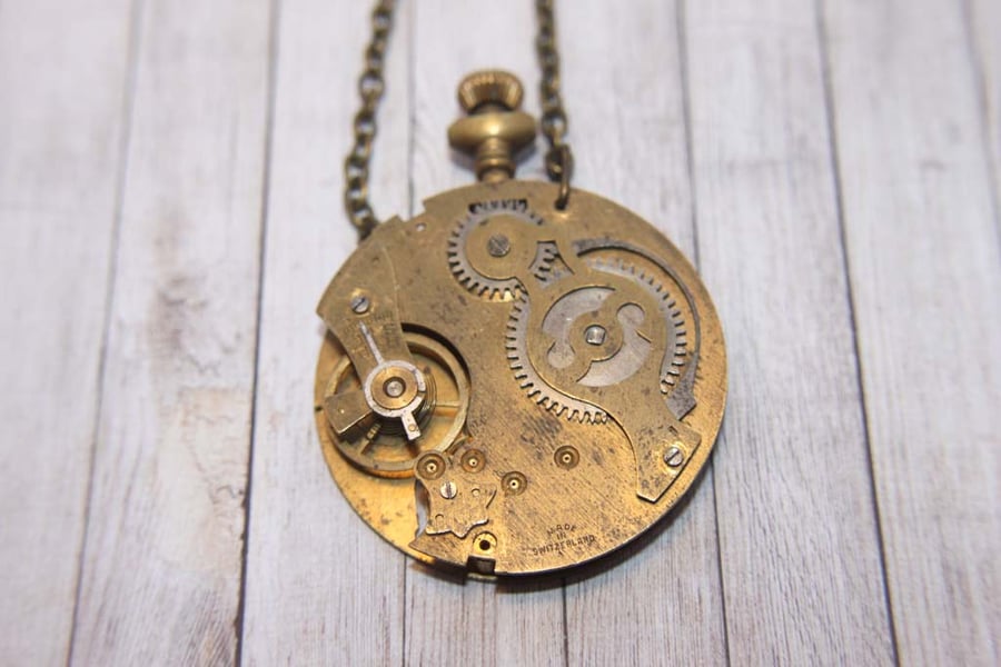 Vintage Pocket Watch Steampunk Statement Gold Necklace