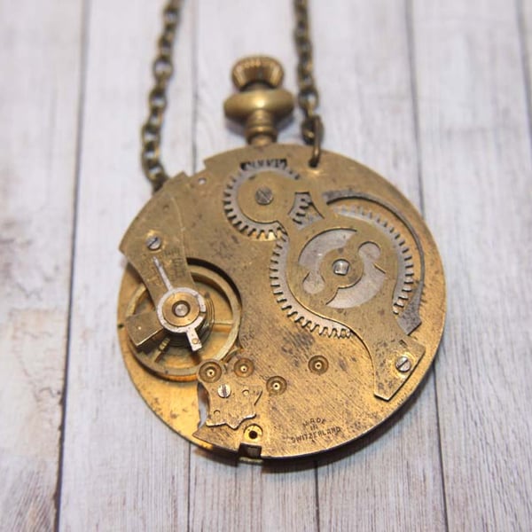 Vintage Pocket Watch Steampunk Statement Gold Necklace