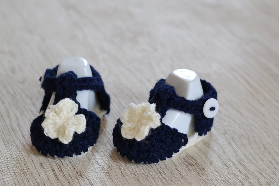 Newborn Navy  Girls Flower Crochet T Bar Baby Sandals