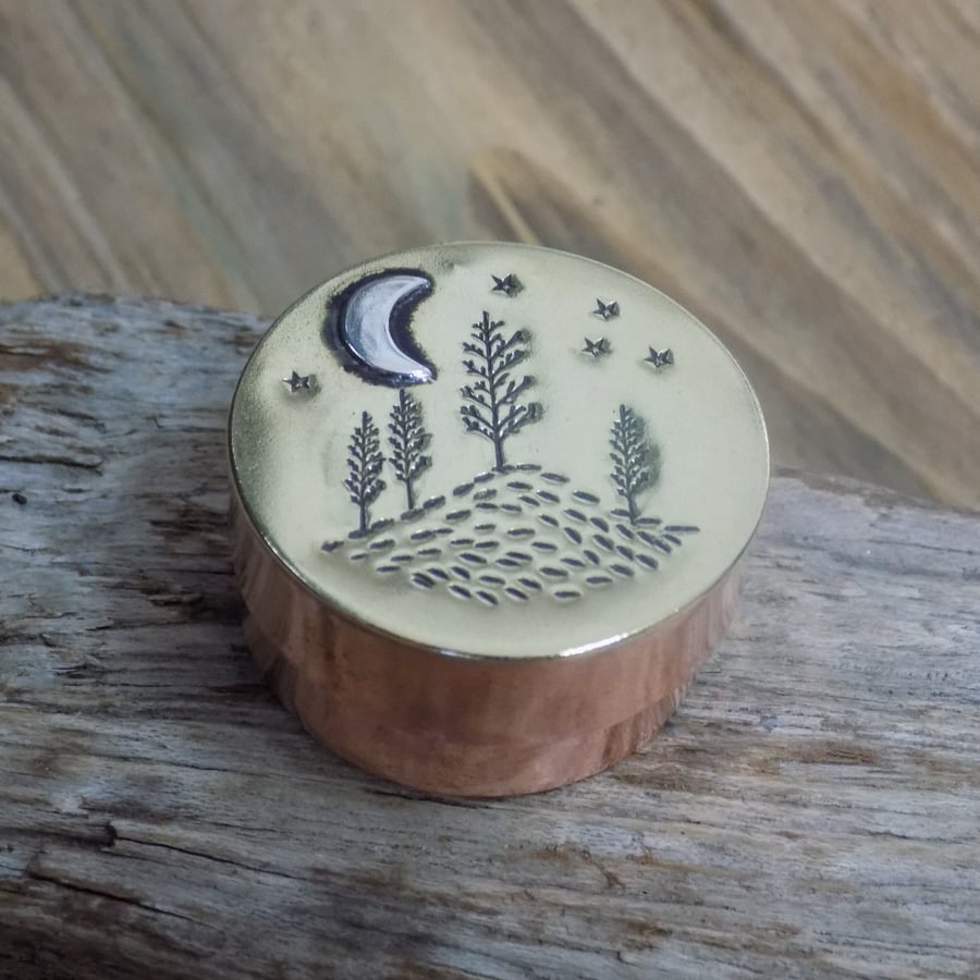 Copper, brass and silver 'tree and moon' trinket box (round)