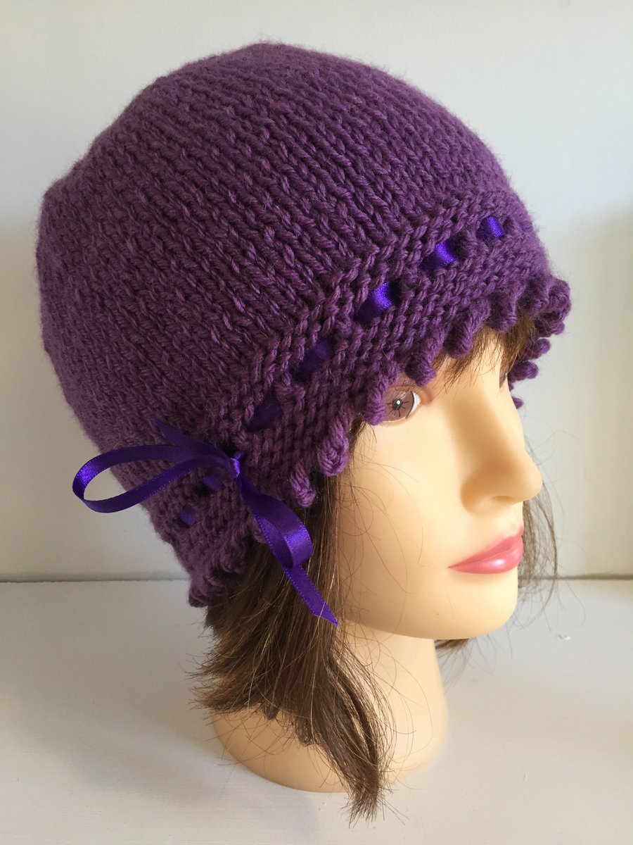 1920s Style Hat, Purple Vintage Winter Hat, Ribbon Laced Fancy Beanie Hat, 