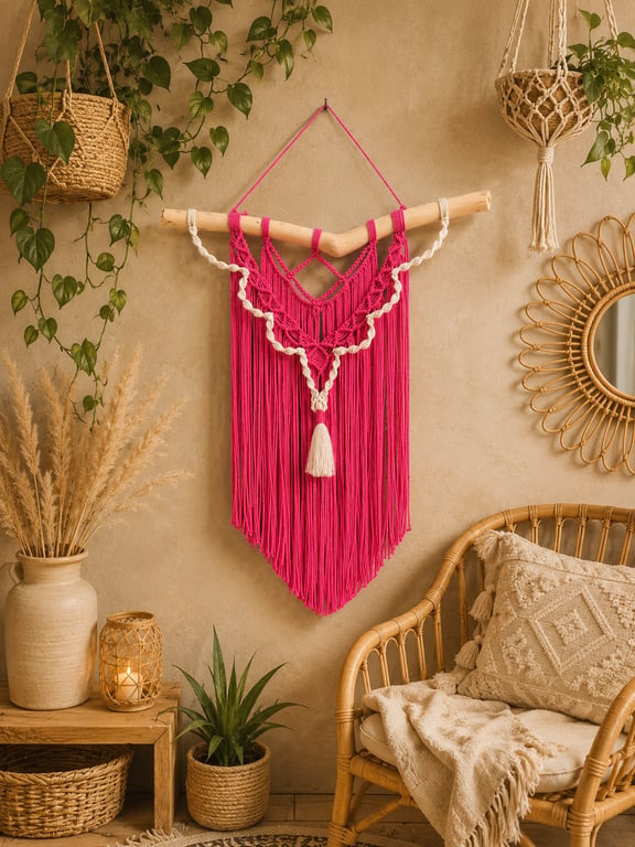 Magenta Macrame Wall Hanging, Boho Driftwood Fiber Art Tapestry